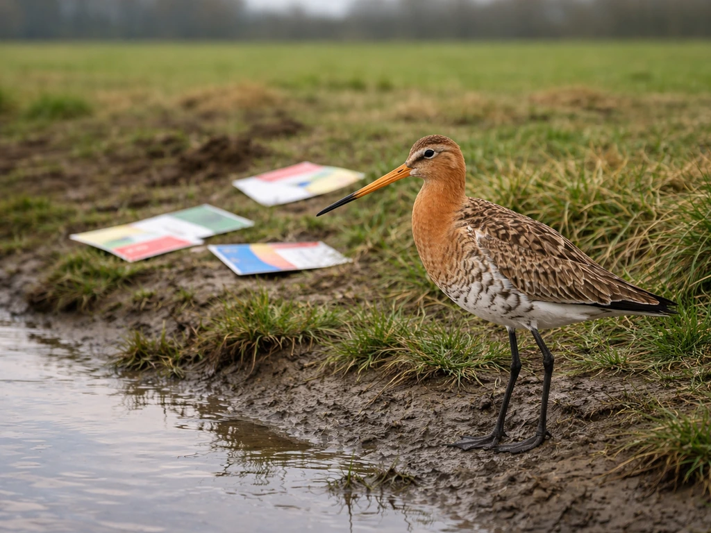 A grutto bird perched beside simple campaign-style election flyers in a Dutch field setting