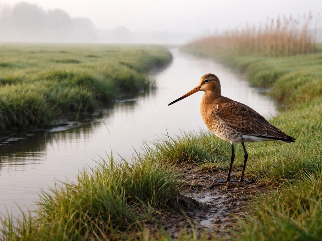 A grutto stands in a misty Dutch meadow with dikes and shallow water channels in the background.