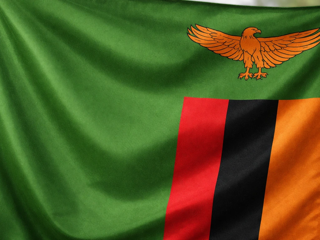 Close-up of the Zambian flag with the orange African fish eagle emblem near the top.