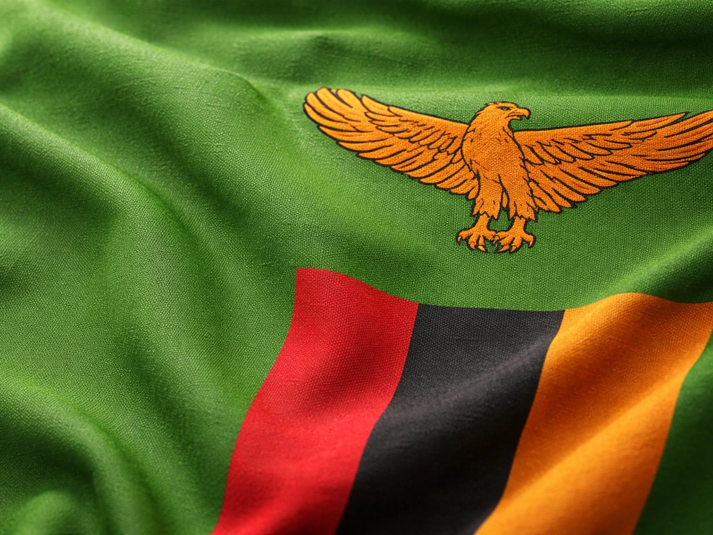 Close-up of the Zambian flag fabric showing the eagle silhouette and colored stripes.