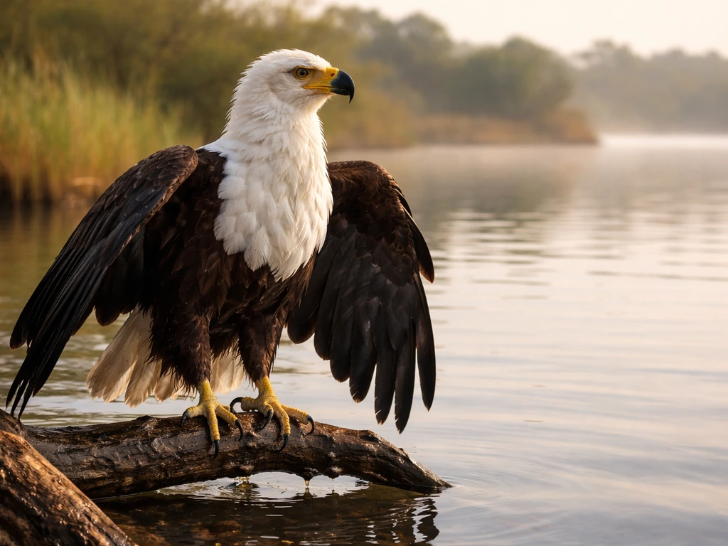 African fish eagle perched by calm water, poised and vigilant with reflections in the background