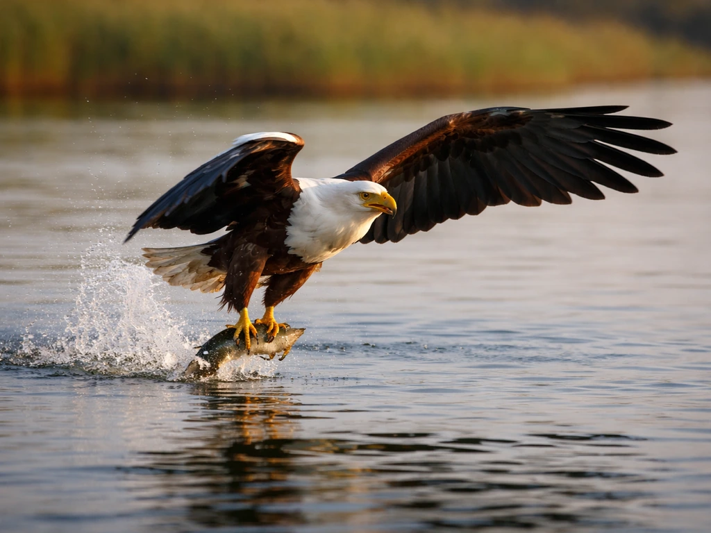 An African fish eagle flying low over water, talons out as it snatches a fish from the surface.