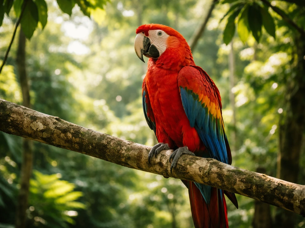 Vivid scarlet macaw perched on a tropical branch in a lush Central American forest