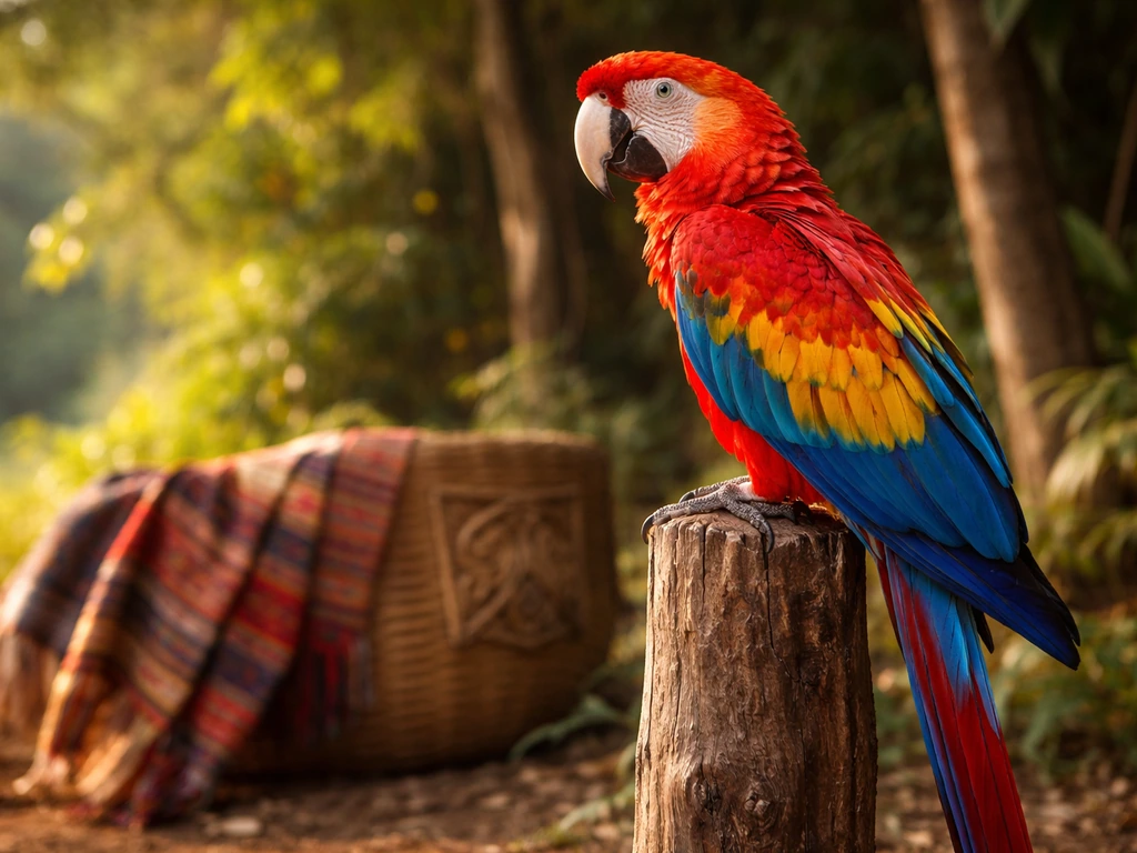 Scarlet macaw perched in a tropical forest with subtle woven textiles suggesting indigenous Honduran heritage.