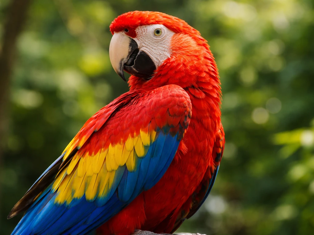 Close-up of a scarlet macaw perched, showing bright red body and blue-and-yellow wings in sunlight.