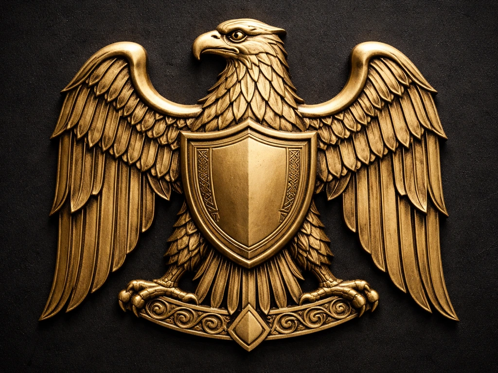 Close-up of a golden heraldic eagle emblem holding a shield with a stylized shield motif