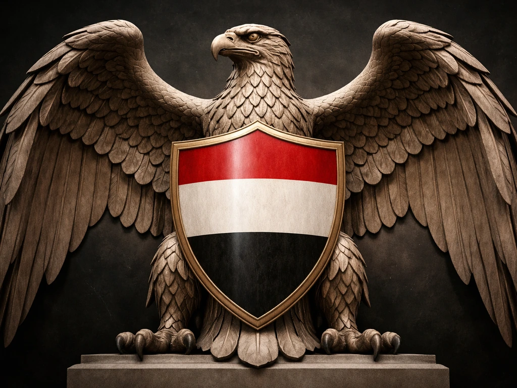 Ceremonial eagle emblem holding a shield with Iraqi-flag-like red, white, and black colors