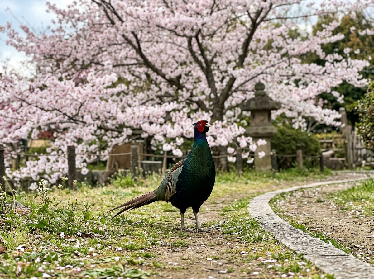 Green pheasant in habitat with sakura blossoms nearby