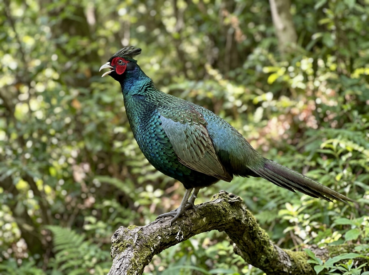 Green pheasant male calling on a branch with natural background