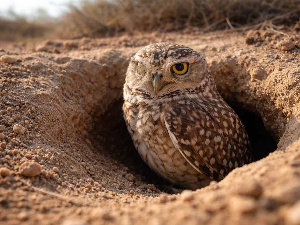 Close-up of a small burrowing owl perched at the entrance of a ground burrow in dry rocky island terrain.