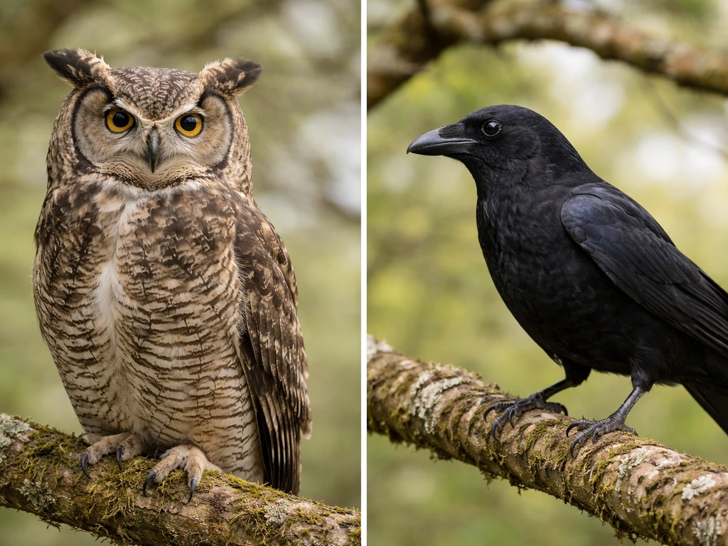 Side-by-side owl and crow perched on branches, showing differences in beak shape and plumage.