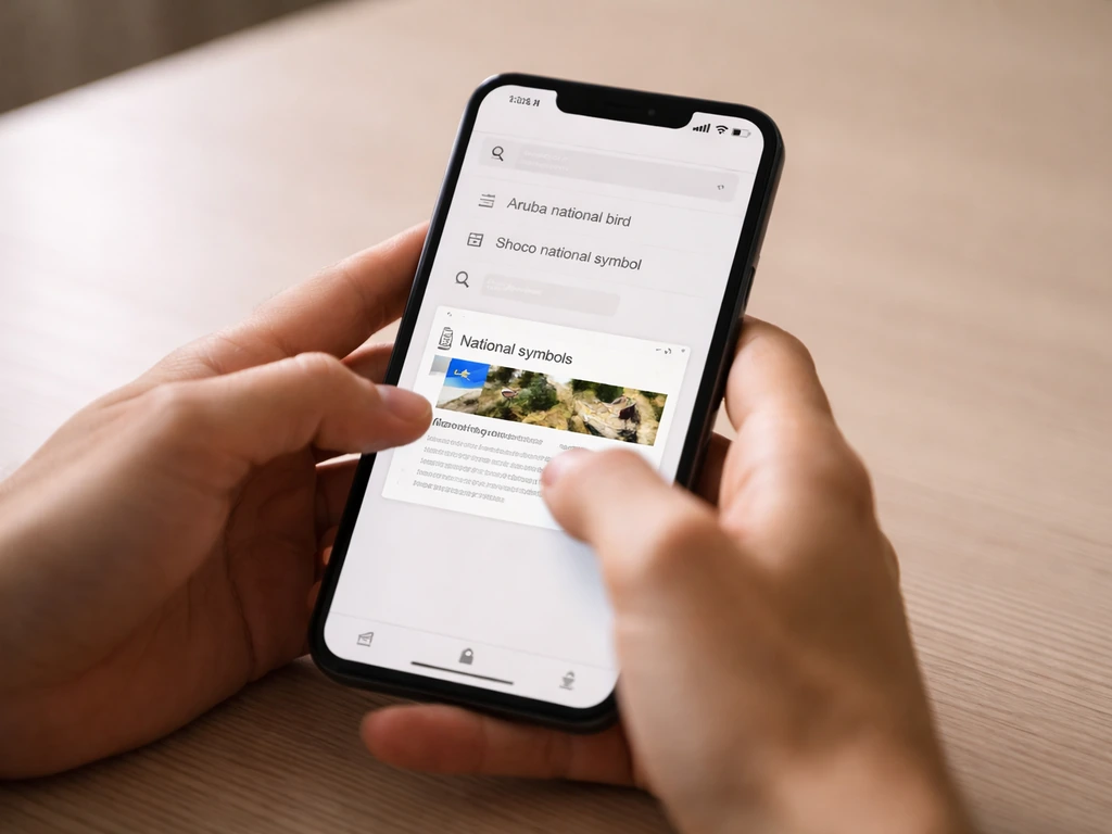 Close-up of a smartphone showing keyword search results and a highlighted national symbols page thumbnail.