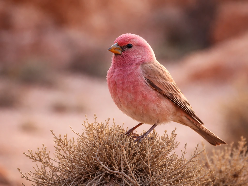 Sinai rosefinch perched on desert vegetation with subtle rose-pink/red sandstone tones in the background