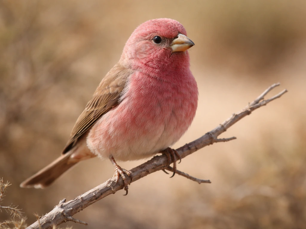 Close-up of a small rosy-pink finch with a finch-shaped beak perched on a branch in a desert scrub setting.