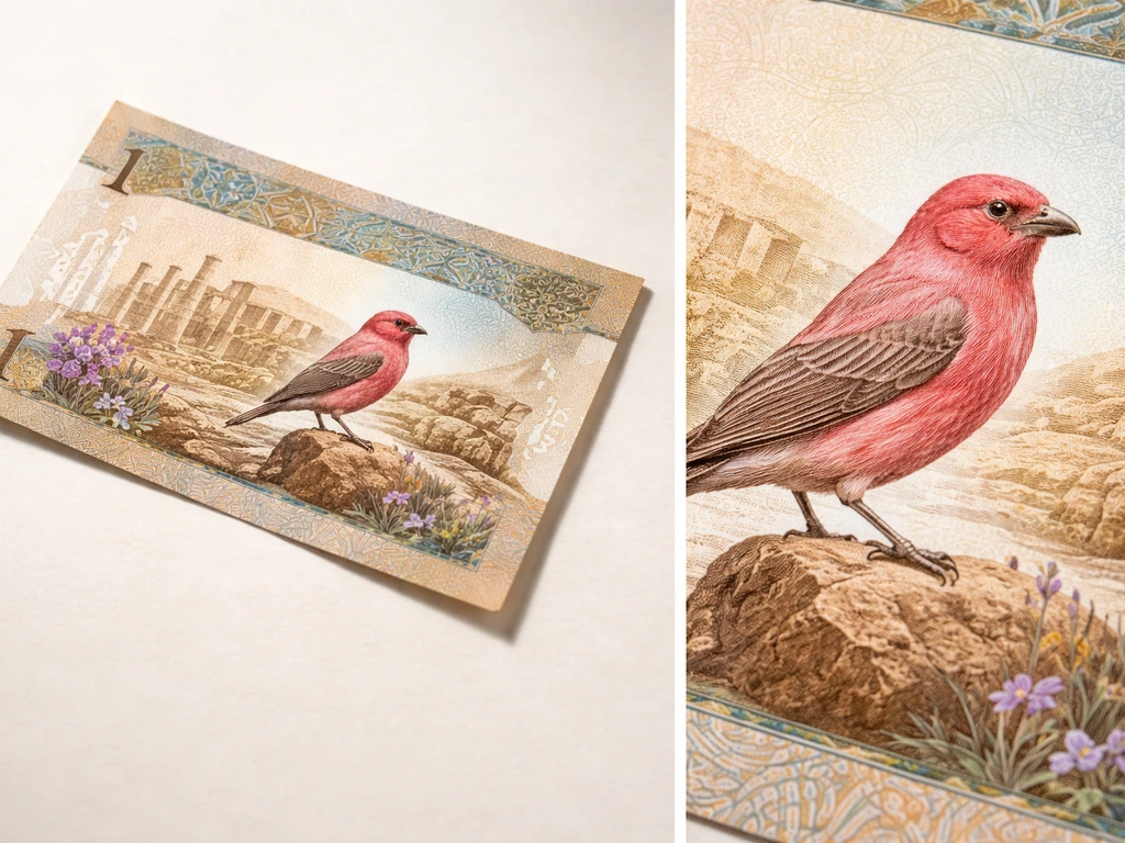Close-up of the reverse of a 1 Jordanian dinar banknote featuring the Sinai rosefinch emblem.