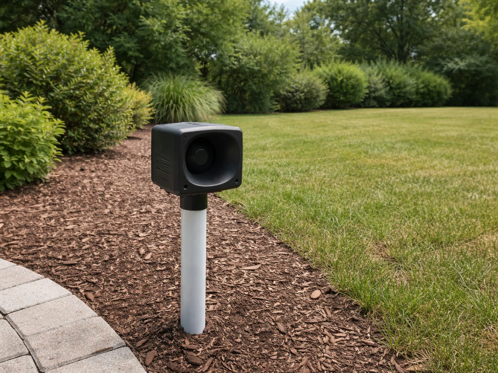 Outdoor sonic bird repeller speaker mounted on a post, aimed toward a lawn where birds would land.