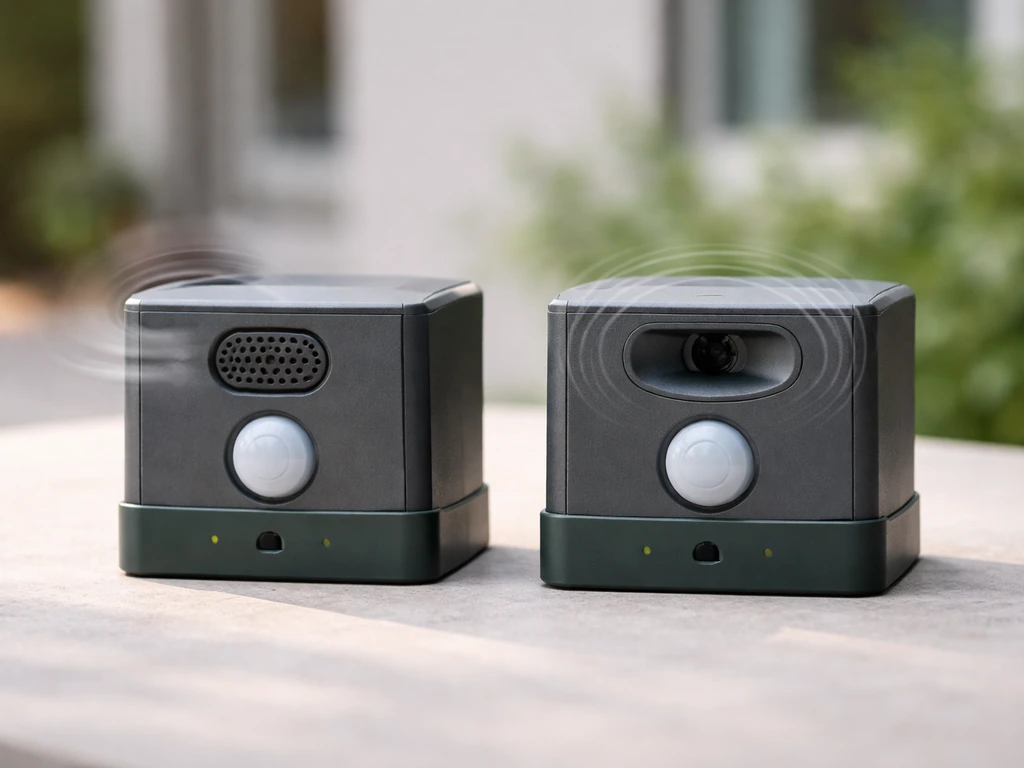 Two bird-repeller units on a table—one emits audible bird-like sounds, the other higher ultrasonic frequencies.