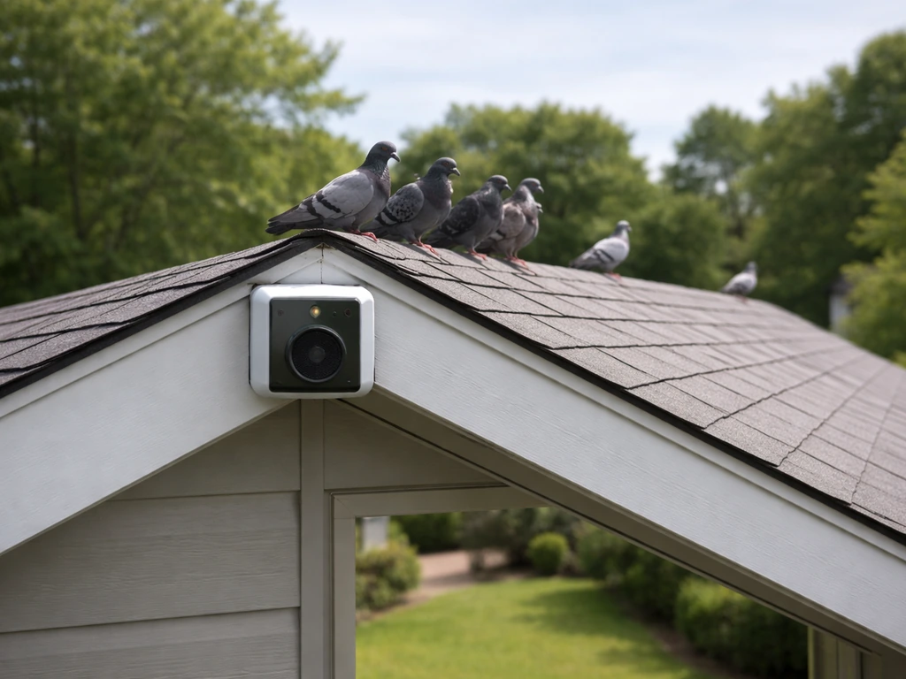 A quiet suburban rooftop scene with a small sonic repeller and pigeons returning to the same spot