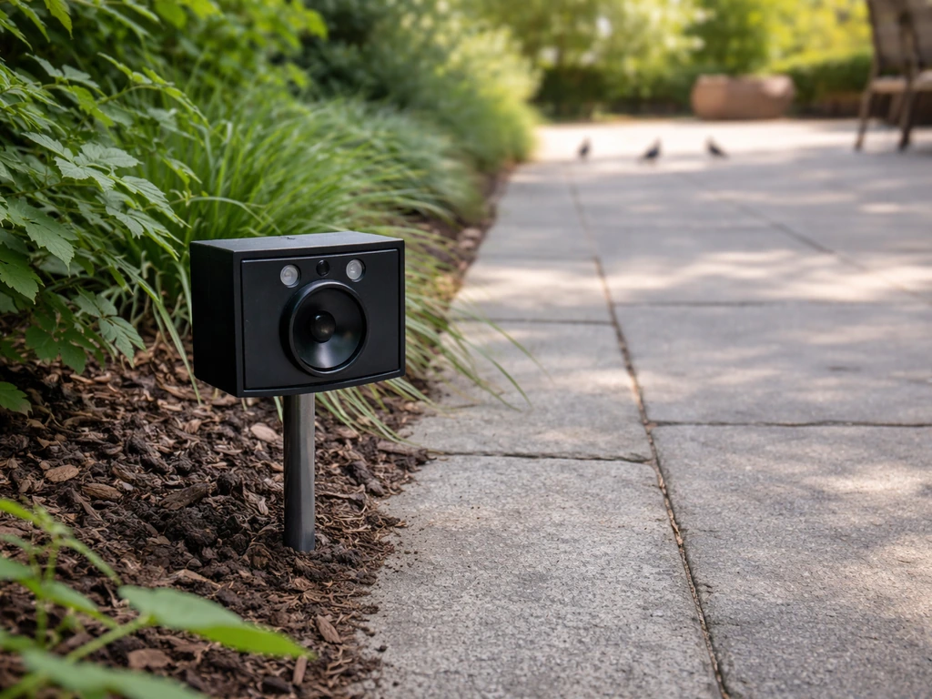 Black outdoor sonic repeller mounted near a garden walkway, aimed toward birds feeding area