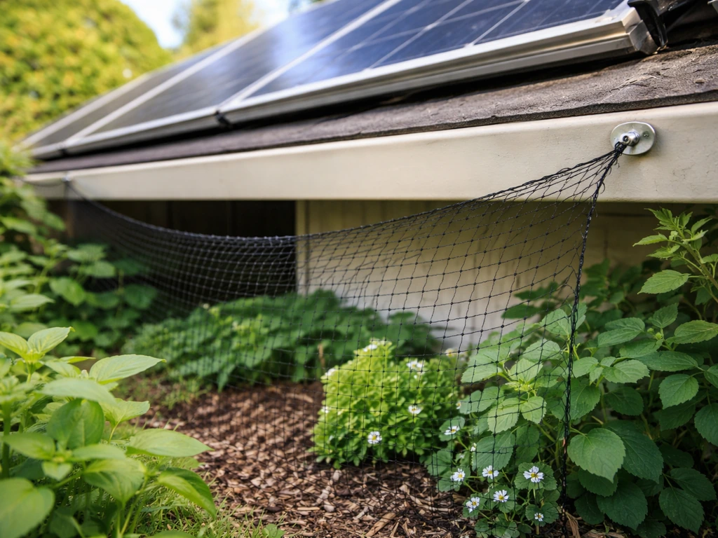 Taut bird netting blocks access under roof eaves near solar panels over a small garden area.