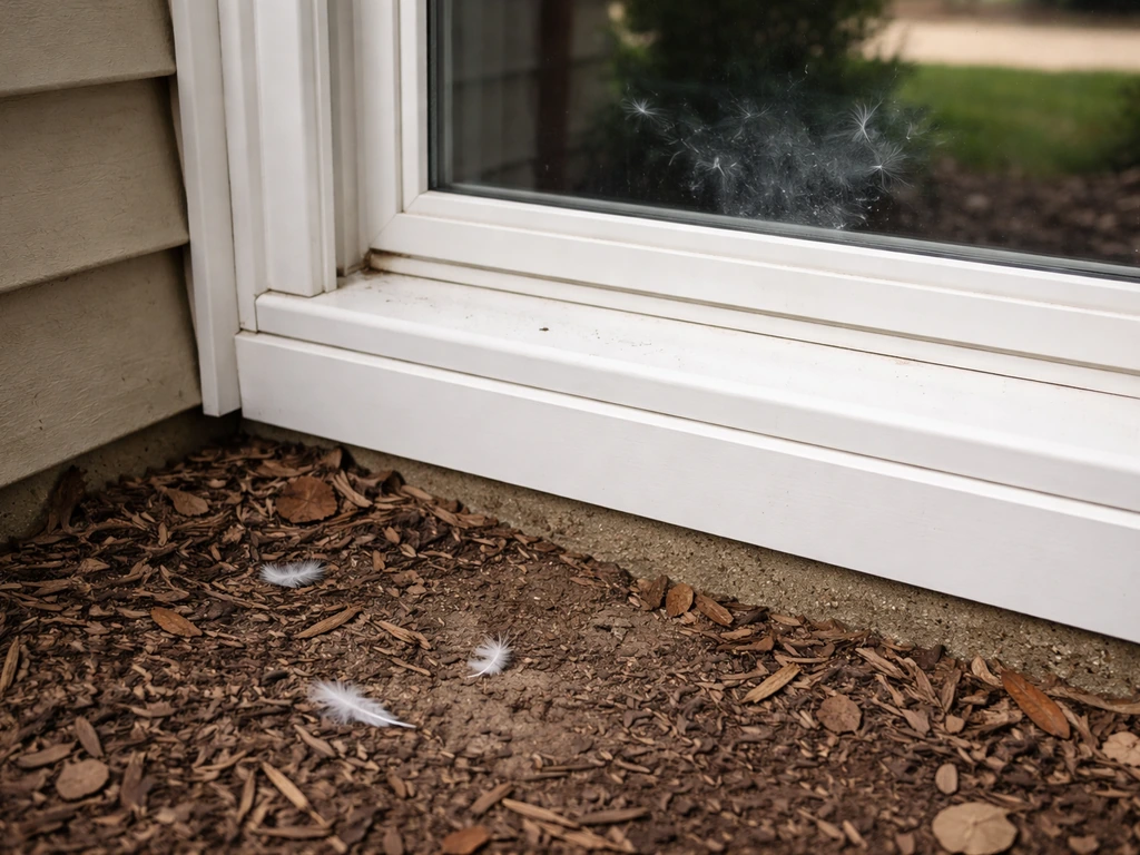 Close-up of feather and faint residue beneath a home window corner, suggesting a bird collision.