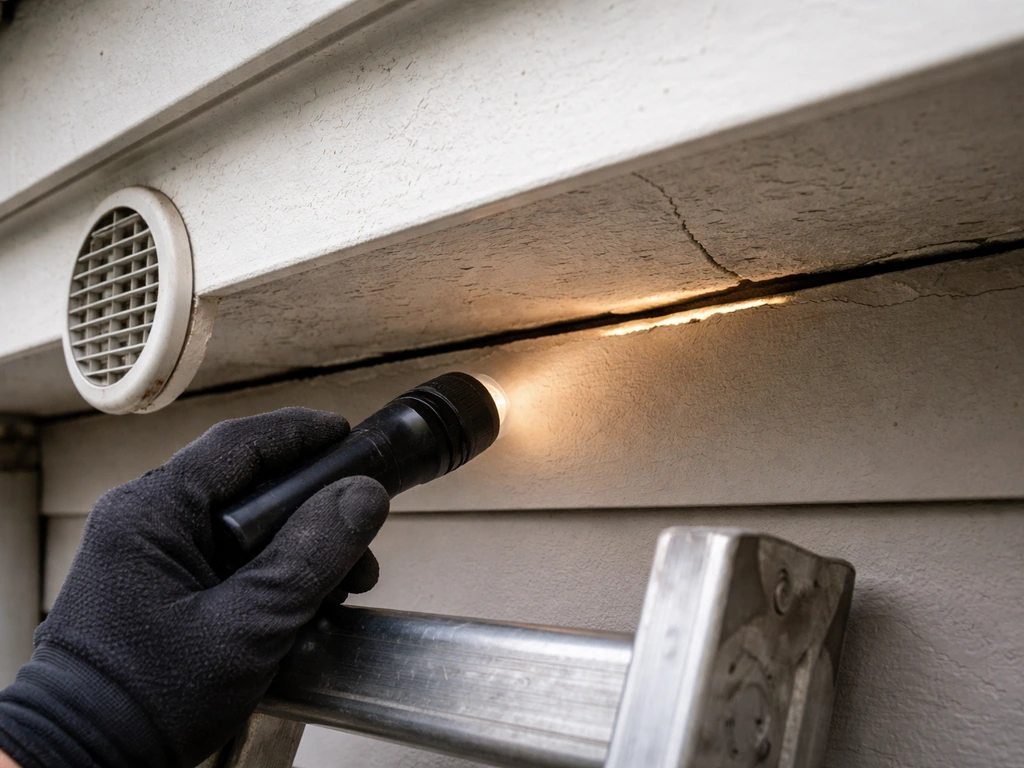 Gloved hand with a flashlight inspecting a roof vent and soffit gap with light shining through.