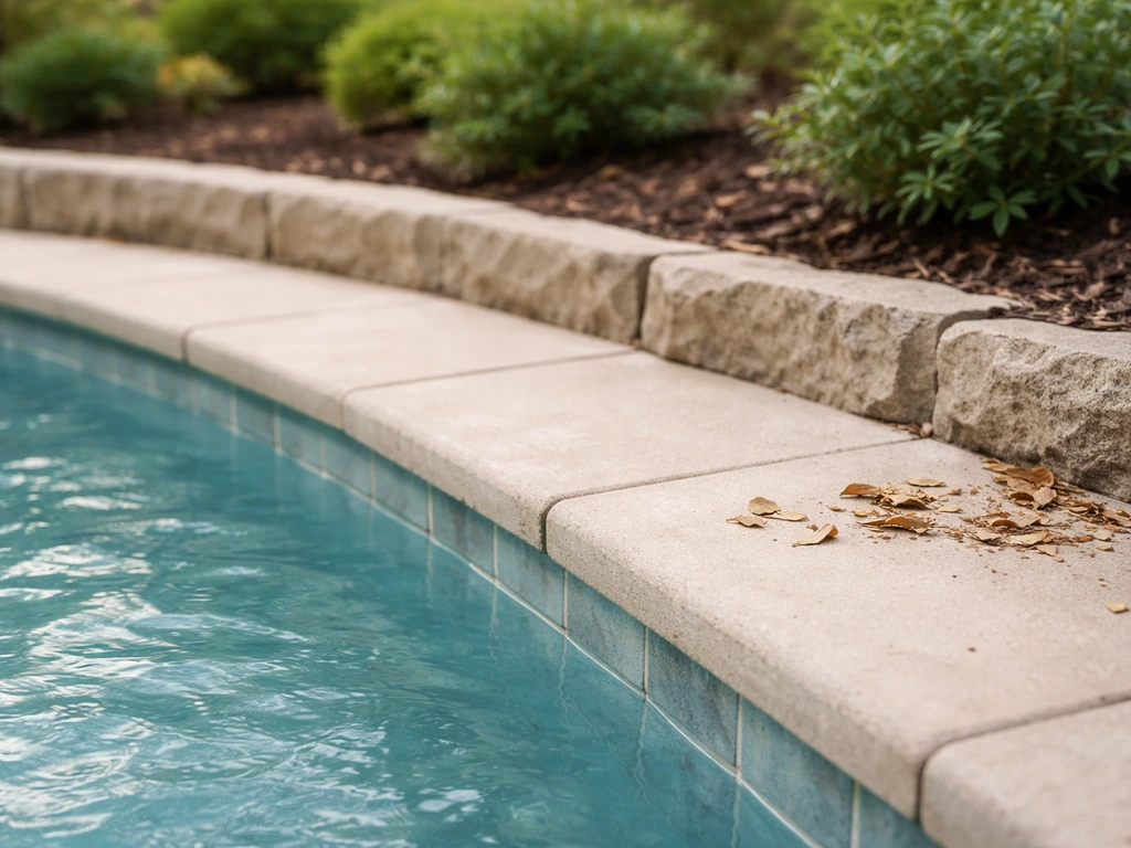 Close-up of an in-ground pool edge with tile waterline and nearby garden ledge, no escape ramp visible.