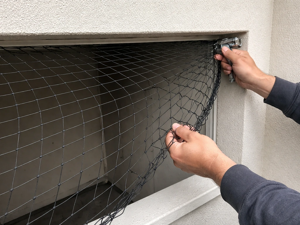 Hands pull heavy bird netting taut and secure it over a building opening.
