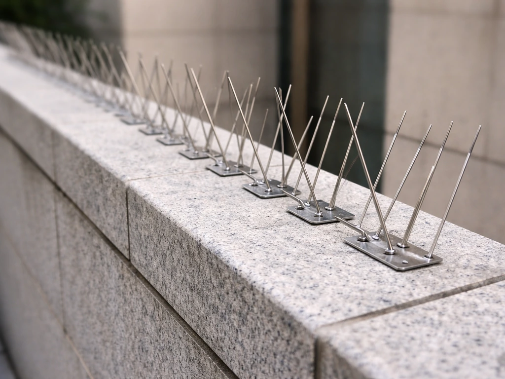 Close-up of stainless steel bird spikes mounted along a ledge edge with even spacing