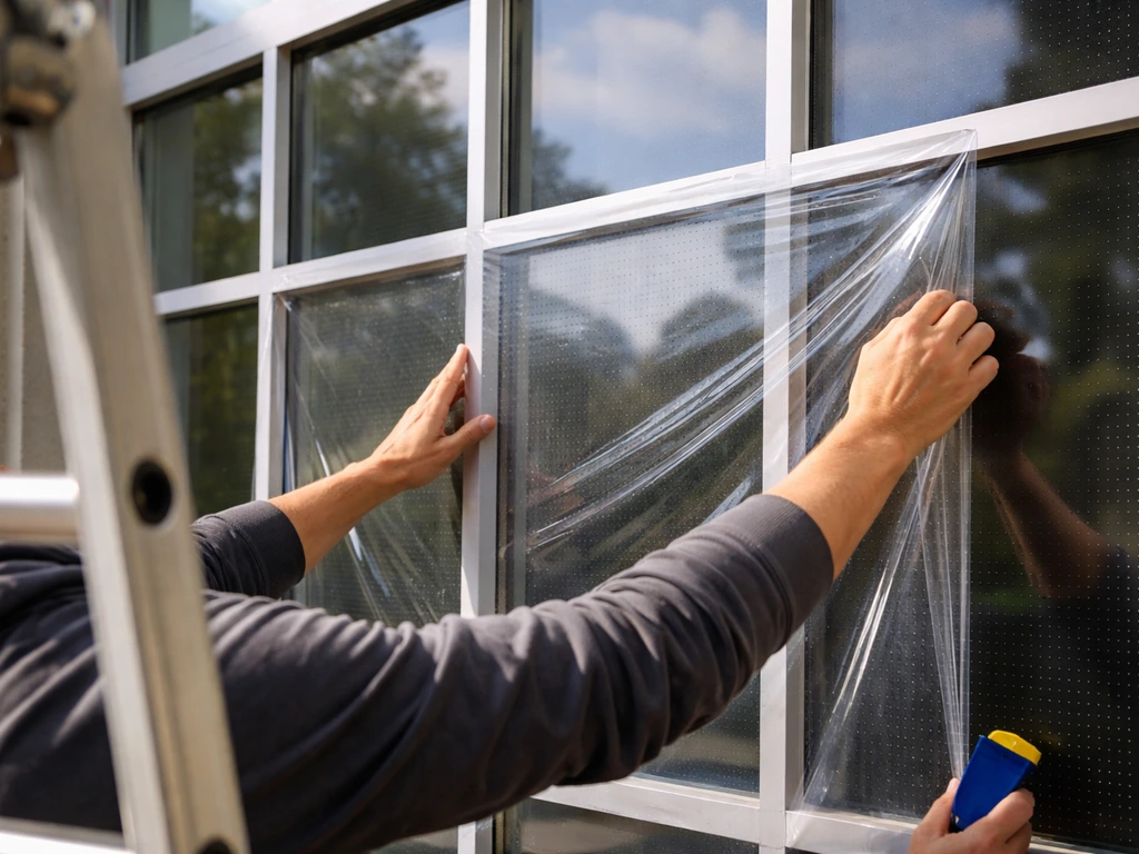 Exterior window collision screen being installed on a building facade, aligned across glass panes.