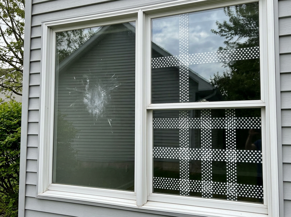 Window with a bird-impact mark and bird-safe deterrent strips newly applied outside