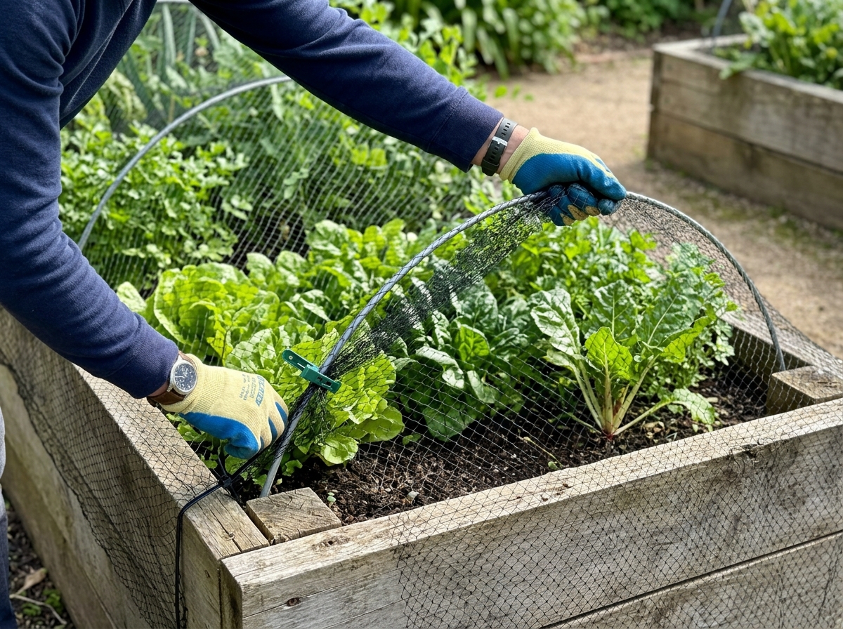 Garden netting installed over a bed with mesh pulled taut and anchored over plants