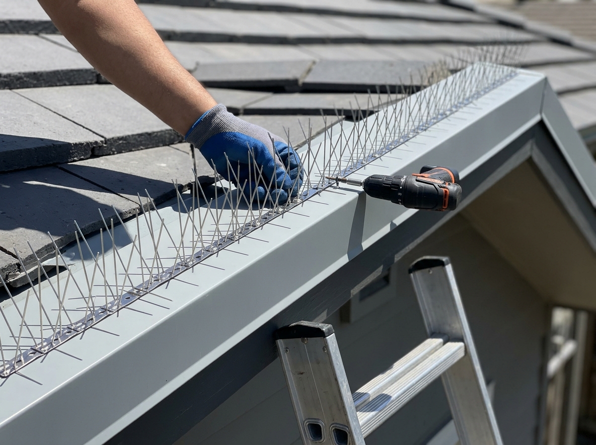 Bird spikes being installed on a roof ledge with tools and ladder in view