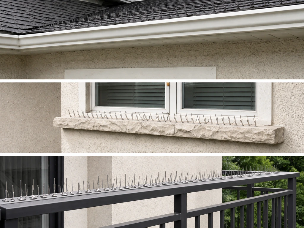 Building exterior showing bird spike install points on roof eaves, window ledge, and balcony railing edge.