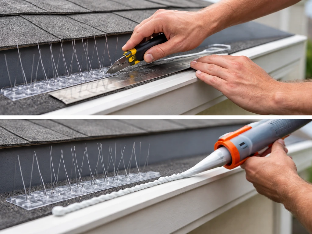 Hands measuring and cutting bird spike strips, applying neutral-cure silicone along a rooftop edge