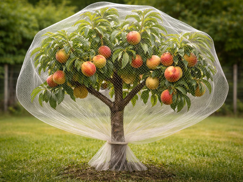Ripening fruit tree covered with fine-mesh netting to deter birds in a quiet backyard garden.