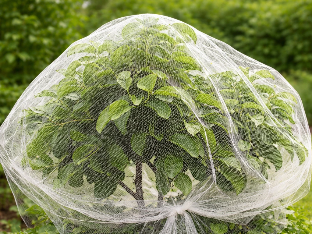 Fine-mesh netting draped over a fruit tree canopy in natural daylight before the fruit ripens