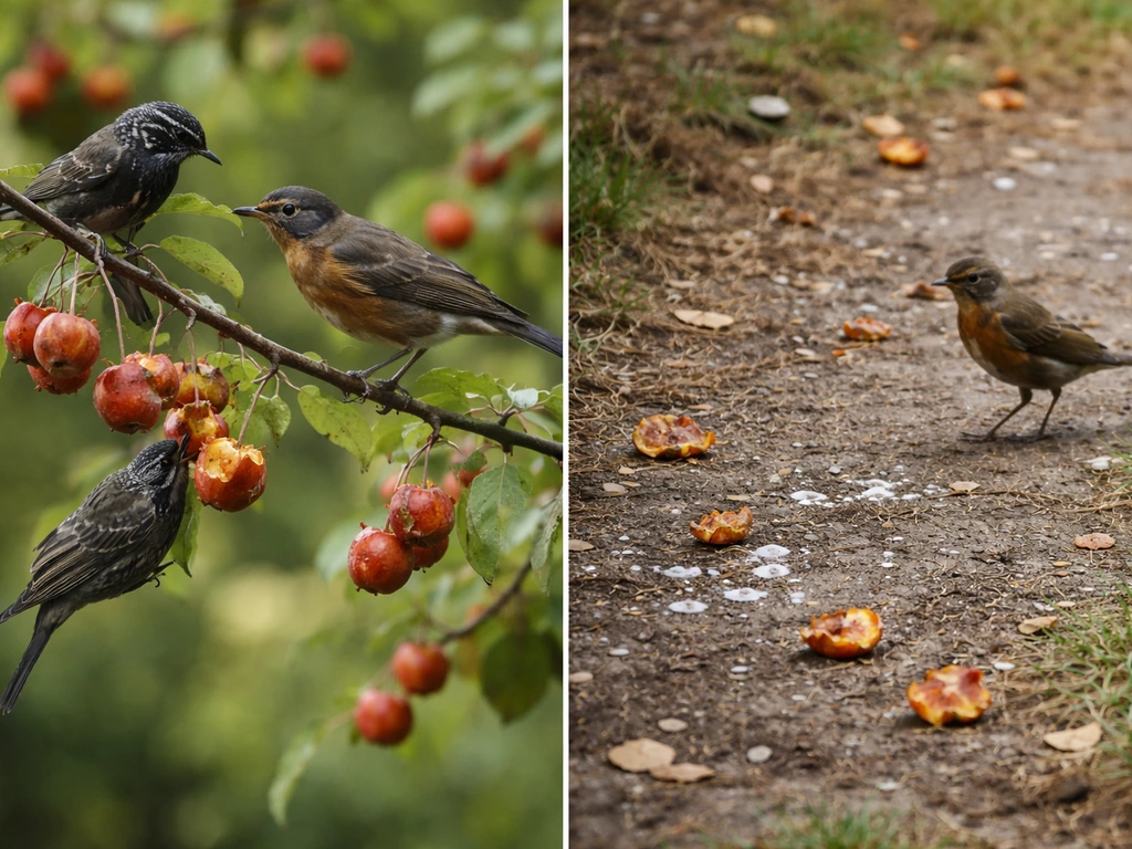Two-panel style view: fruit pecked on branches and droppings on ground beneath the same tree, with birds