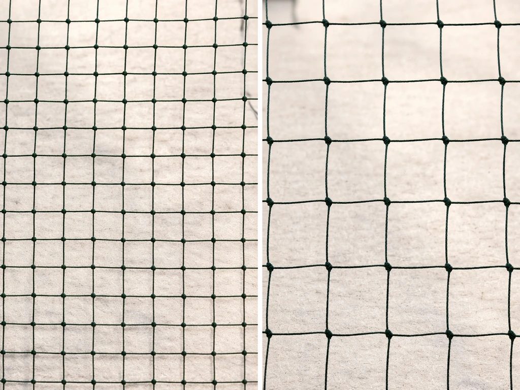 Macro close-up comparison of small-mesh vs larger-mesh tree protection netting side-by-side.