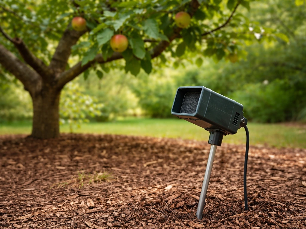 Small sound deterrent speaker on a stake aimed toward a backyard fruit tree canopy.