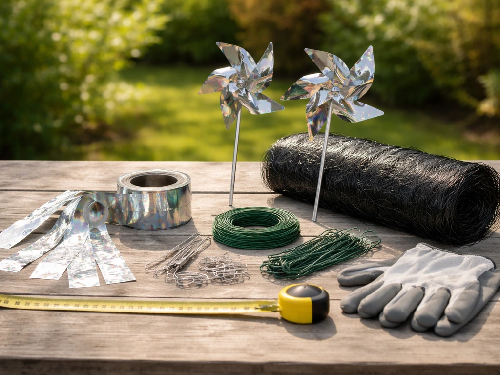 Tools for deterring birds on a table: reflective tape, pinwheels, netting, ties, gloves, measuring tape.