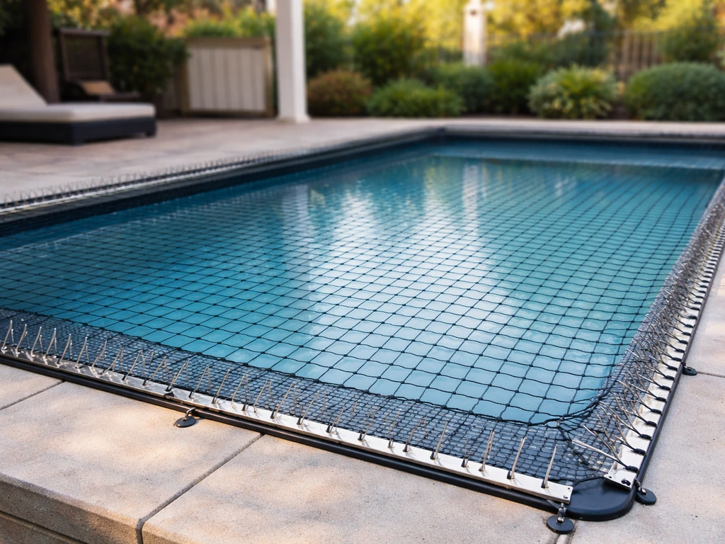 Backyard pool with a clearly installed cover/netting and anti-perch strip blocking birds from landing.
