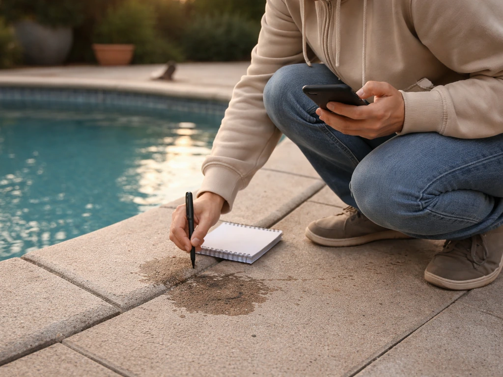 Adult crouches by a backyard pool at dawn, jotting down where birds land near the coping.
