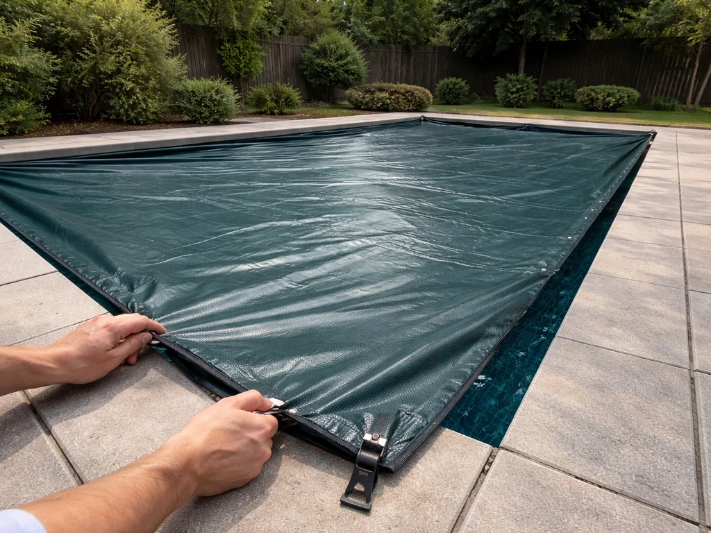 A solid pool cover is lowered and secured over an outdoor pool to block bird access.