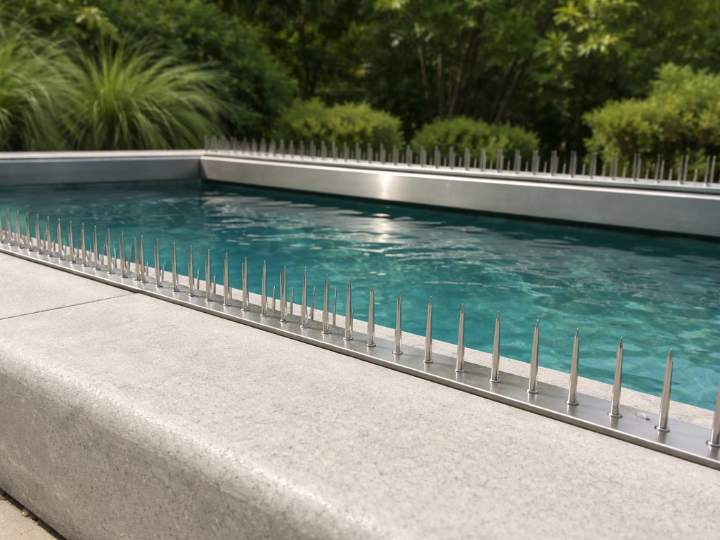 Stainless steel bird spikes installed along pool coping and a horizontal rail edge, flush and parallel.