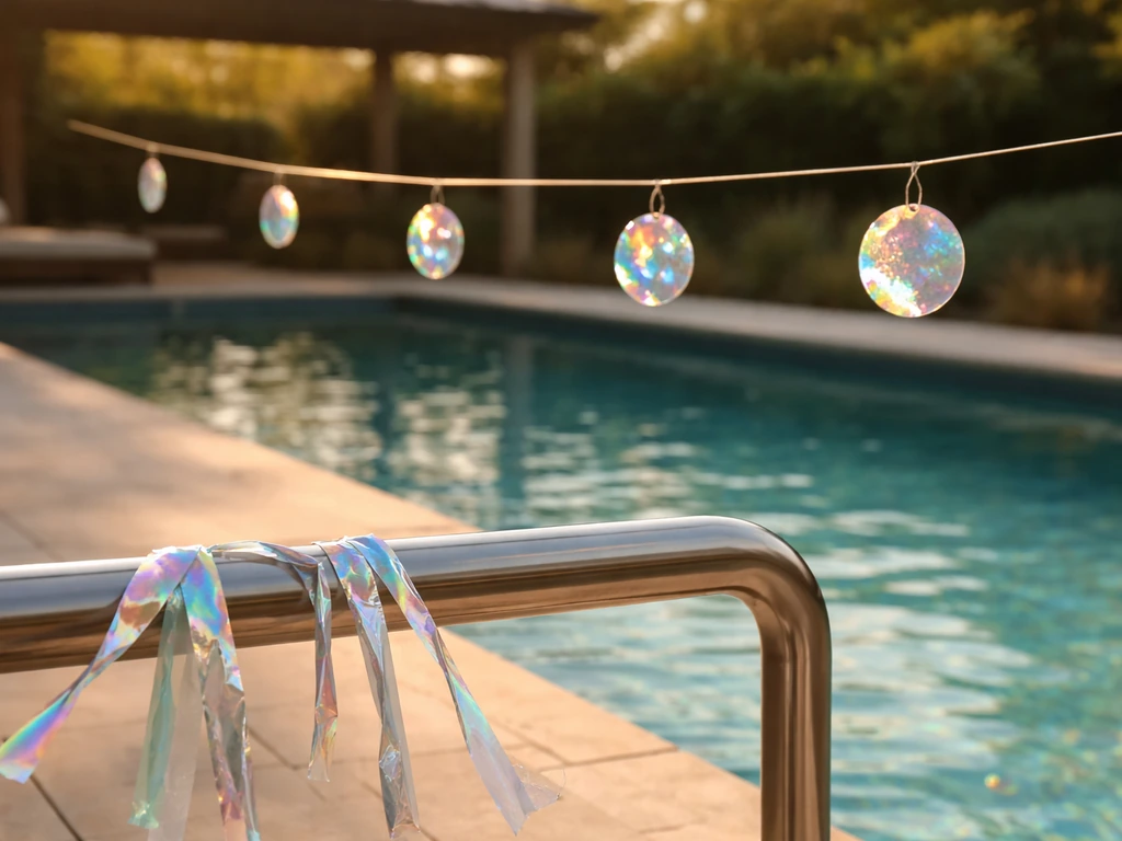 Reflective tape strips and hanging scare discs flutter above a pool railing in a light breeze.