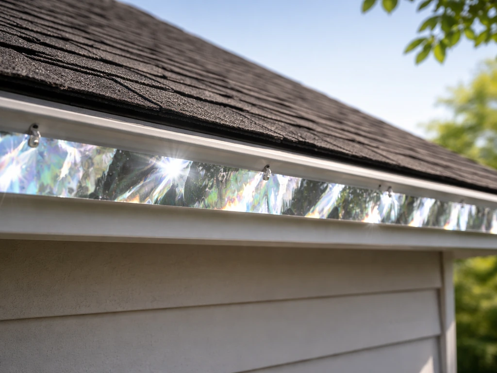 Shiny reflective bird tape along a roof eave outdoors, catching light to deter birds.