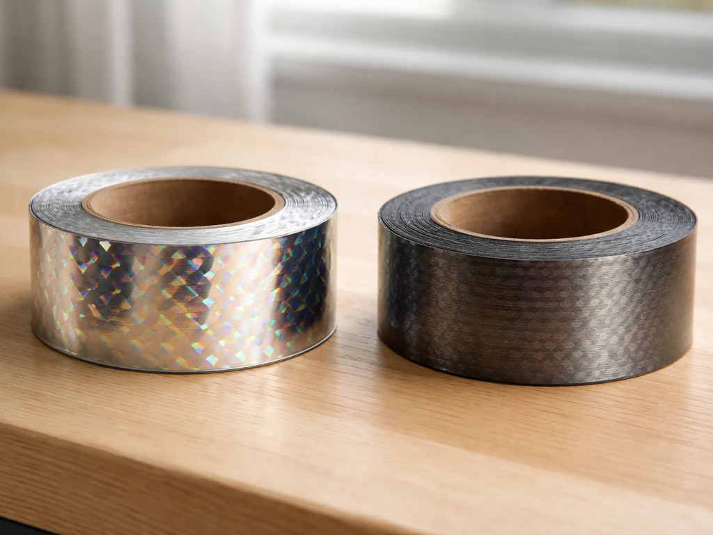 Two close-up rolls: shiny reflective holographic ribbon and darker bird-control tape, side by side on a table.