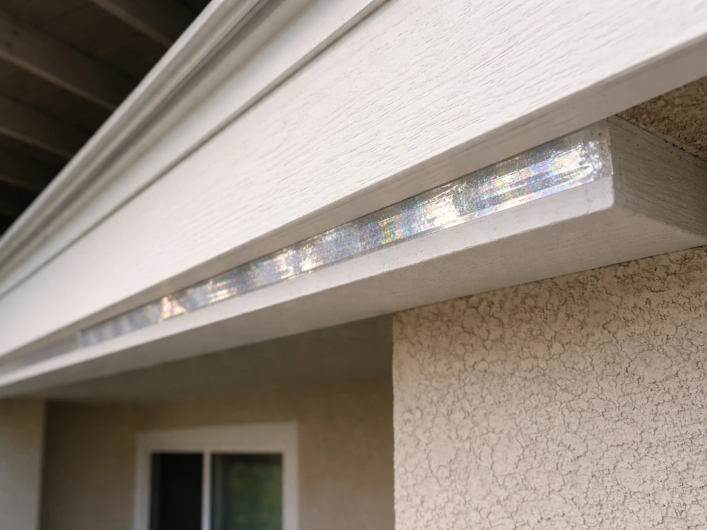 Reflective tape strips applied under a home eave along a ledge where birds typically land.