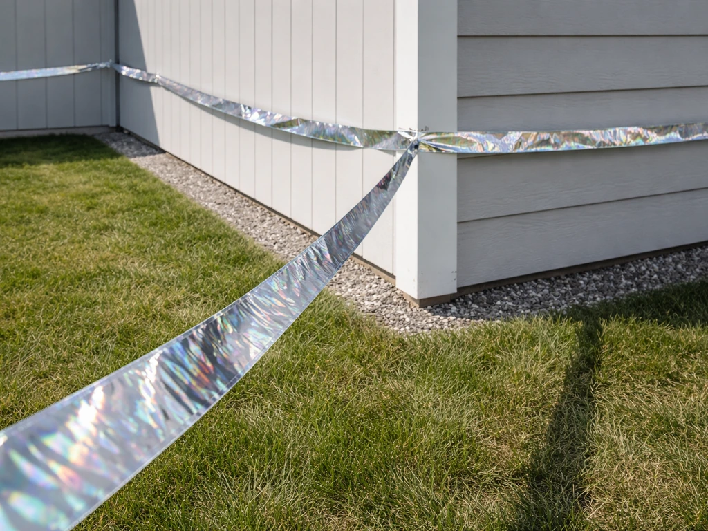 Outdoor reflective bird tape neatly wrapped around corners, covering multiple approach paths from different angles.